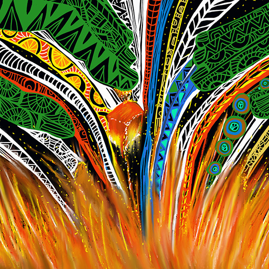 NAIDOC Week artwork: A colourful explosion of green, red, yellow and black abstract Aboriginal designs emerging out of orange flames at teh base of the image